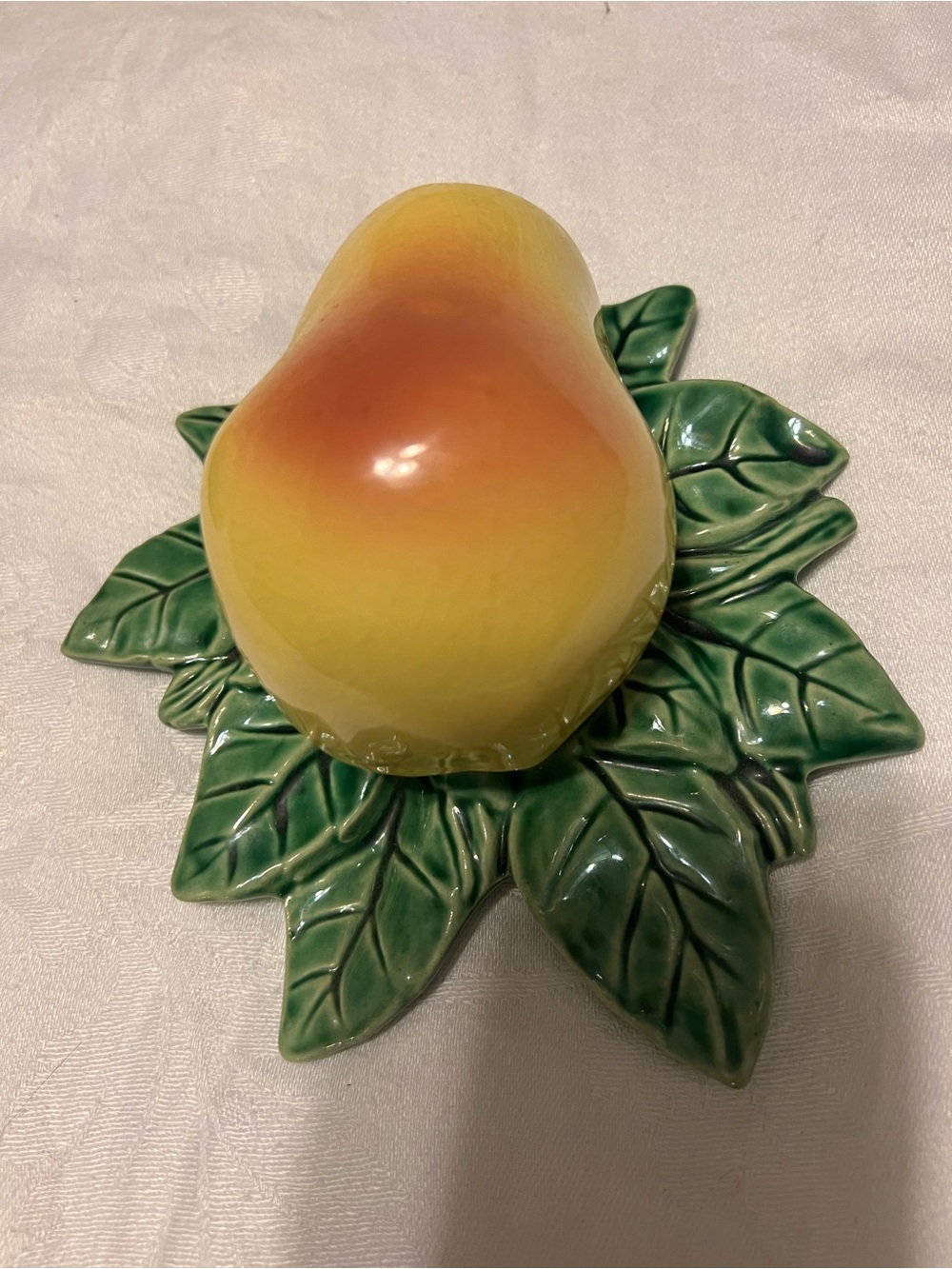 Vintage Decorative Ceramic Peach on Green Leaf Base - Yellow and Green Home Art